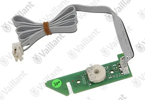 Vaillant Schalter mit Anschlusskabel, grüne Platine mit einem runden Drehschalter, Anschlussstecker auf der linken Seite, Kabel in grau.
